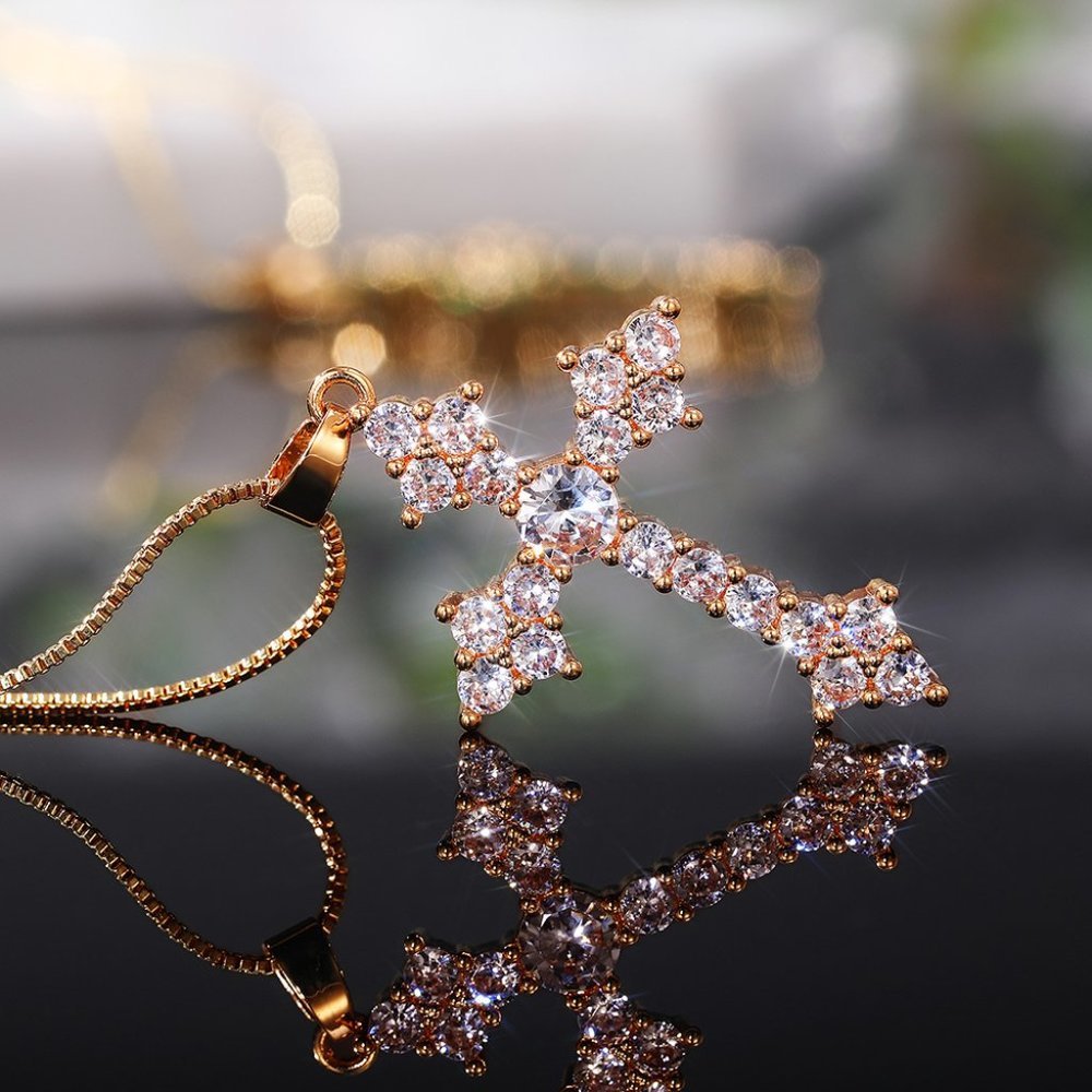 🌸White Zircon Filled Cross Beautiful Gold Plated Cross Necklace Women,UNVN12404